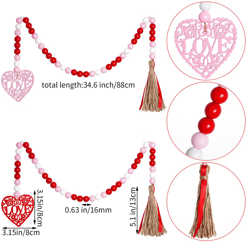 4 Pieces Valentine'S Day Wooden Bead Garlands, Fengek 34.6 Inch Heart Wood Hanging Garlands with Tassel and 11.2 Inch Rustic Embellishments Wall Hanging Beads Ornaments for Wedding Anniversary