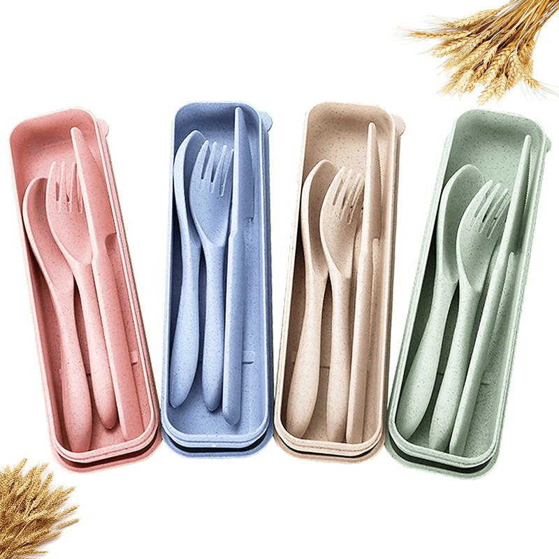 4 Sets Wheat Straw Cutlery,Portable Travel Spoon Fork Knife,Reusable Eco-Friendly BPA Free Utensils for Kids Adult Travel Picnic Camping(Green,Barley,Pink,Blue)