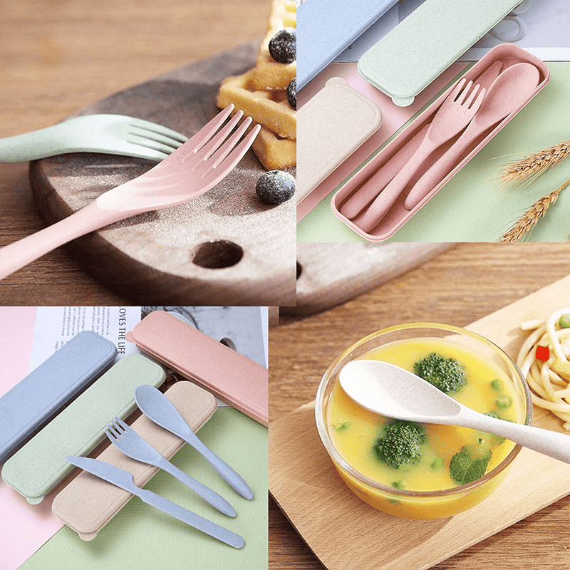 4 Sets Wheat Straw Cutlery,Portable Travel Spoon Fork Knife,Reusable Eco-Friendly BPA Free Utensils for Kids Adult Travel Picnic Camping(Green,Barley,Pink,Blue)