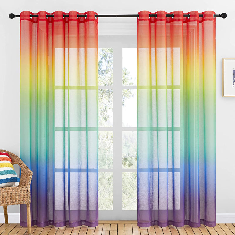 NICETOWN Colorful Curtains, Rainbow Ombre Sheer Curtains for Bedroom Girls Room Decor Ombre Pattern Window Short Sheer Curtains for Girly Nursery Kids Daughter Room (55 X 63 Inch Length, Set of 2)