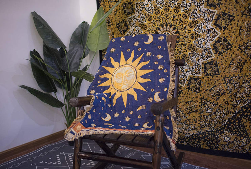 Erke 35"X60" Sun and Moon Stars Cushion Cover for Sofa Loveseat Slipcover Chair Furniture Protector Decor, Hippie Room Decorative Wall Hanging Celestial Tapestry (Yellow Blue, Small, 100% Cotton)
