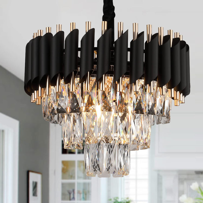 AXILIXI Crystal Chandelier Contemporary, 24" Modern Living Room Chandelier, K9 Crystal Ceiling Lights Fixtures, round 5 Tiers Pendant Lighting Chandelier Black for Entryway Dining Room Staircase