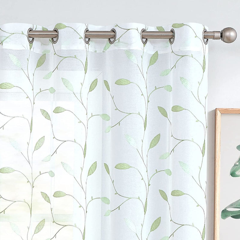 JINCHAN Sheer Embroidered Curtains for Living Room 84 Inch Length 2 Panels Leaf Pattern Voile for Bedroom Botanical Design Rod Pocket Top Window Treatments Sheers for Kitchen White on Taupe