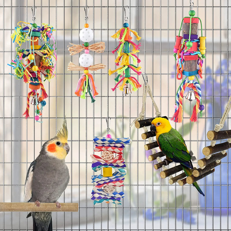 KATUMO Small Bird Toys, Natural Wood Ladder Colorful Bamboo Hanging Shredding Toys Parrot Chew Wooden Blocks Bird Perch for Parakeets, Conures, Cockatiels, Budgies, Love Birds and Other Small Birds