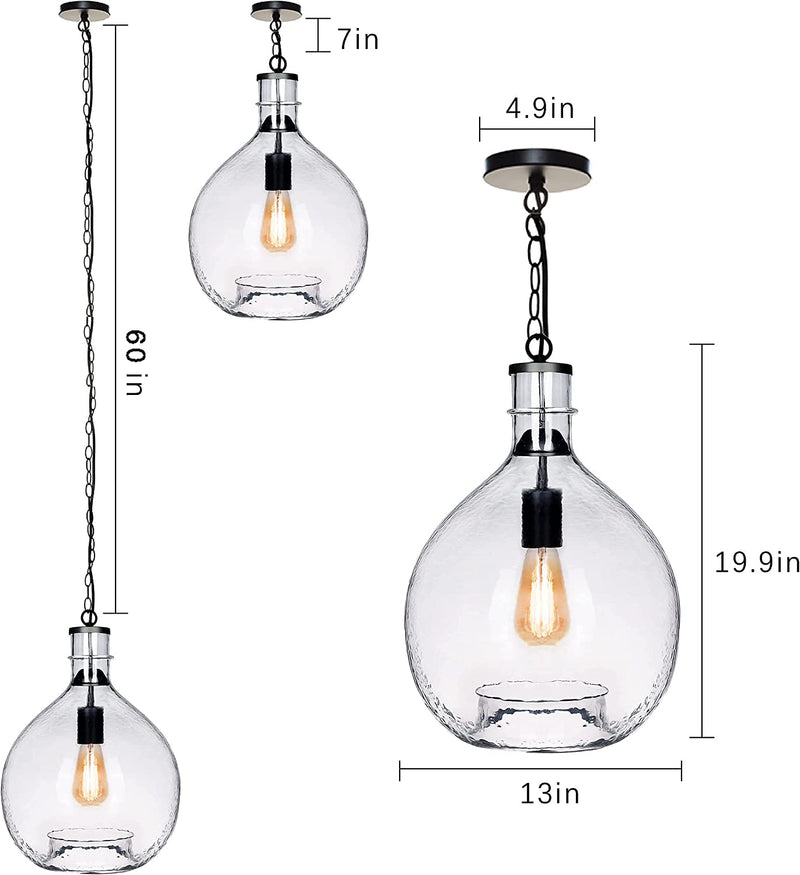 CASAMOTION Pendant Lighting Hand Blown Glass Light Fixtures Kitchen Island Drop Ceiling Hanging Vintage Chandelier Sunroom Farmhouse Dining Table Hallway Large Globe Recycled Clear 13" Inch Diam