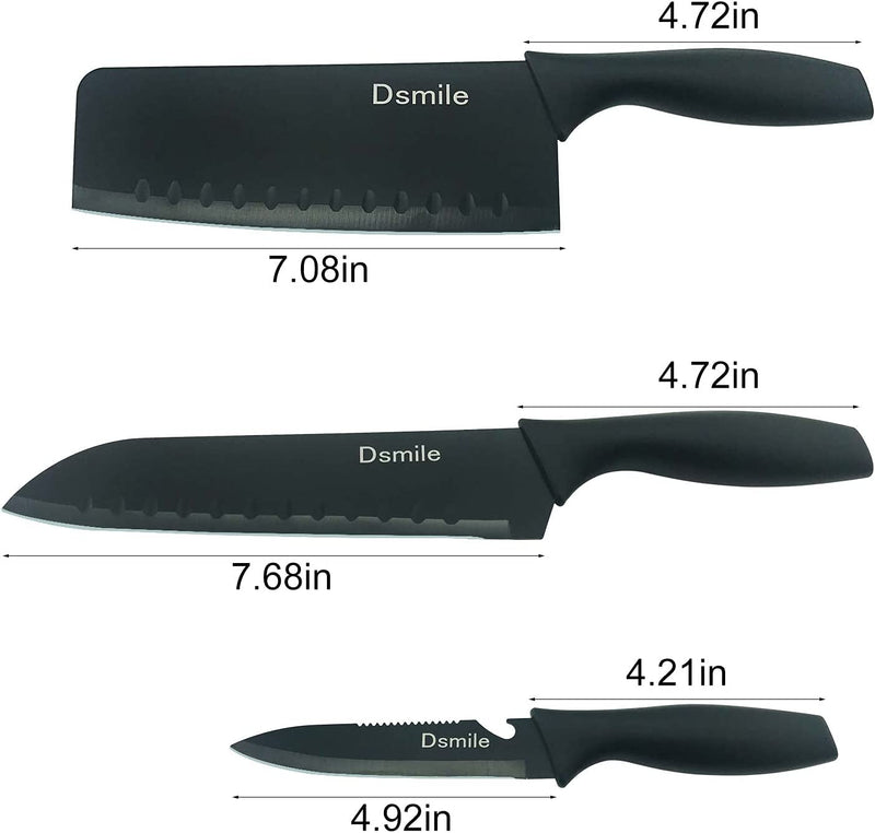Dsmile 3 Pieces Stainless Steel Kitchen Knife Set (Chef Knife, Utility Knife, Paring Knife) with Clad Dimple and Knife Covers, for Chef Cooking Cutting