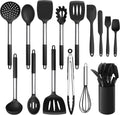 LIANYU 15-Piece Cooking Kitchen Utensils Set with Holder, Silicone Kitchen Tools Stainless Steel Handle, Slotted Spatula Spoon Turner Tong Whisk Brush for Cooking, Red