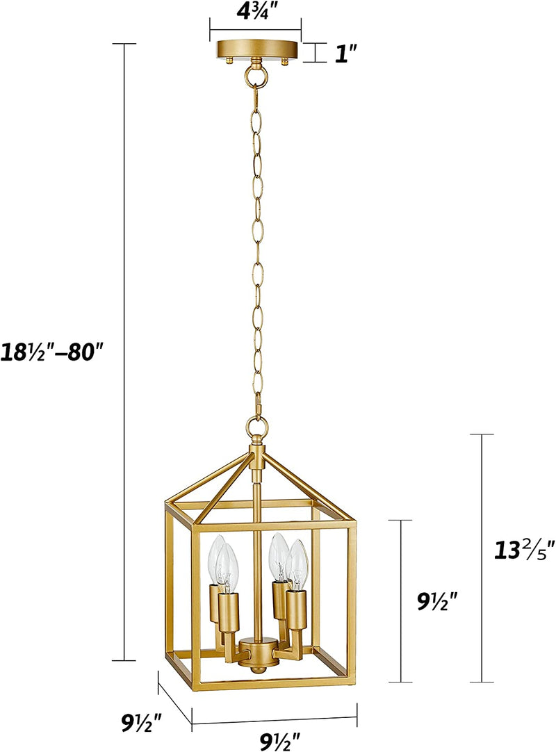 VONLUCE Gold Lantern Frame Pendant Lighting for Kitchen Island Adjustable, 4-Light Brass Geometric Chandelier Light Fixture, Gold Lantern Cage Chandelier for Dining Room Foyer Entryway