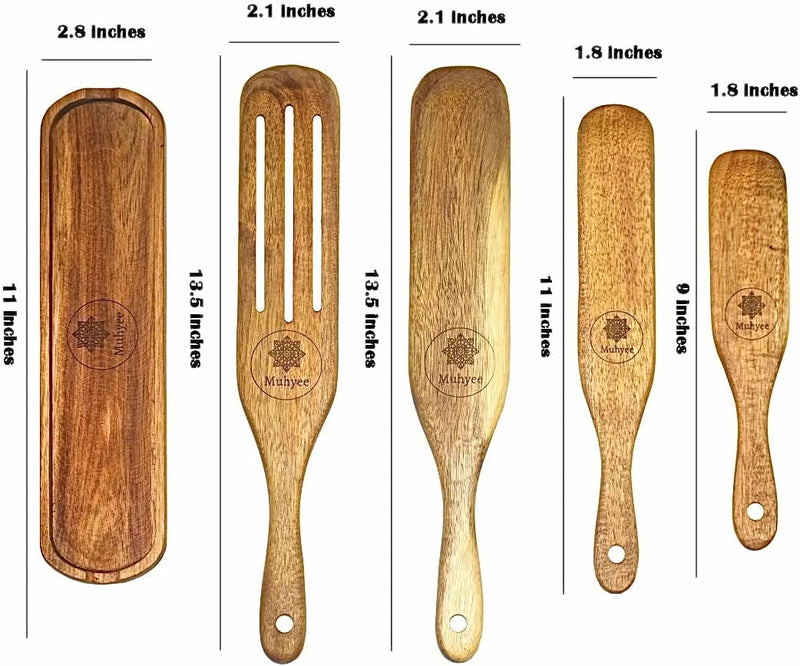 Muhyee Premium Acacia Wood 5 PCS Spurtle Set, Cooking Tools,100% Natural Wood Spatula with Resting Tray/Spoon Rest, Light Weight Kitchen Utensil, Nonstick Cookware, Housewarming Gift.