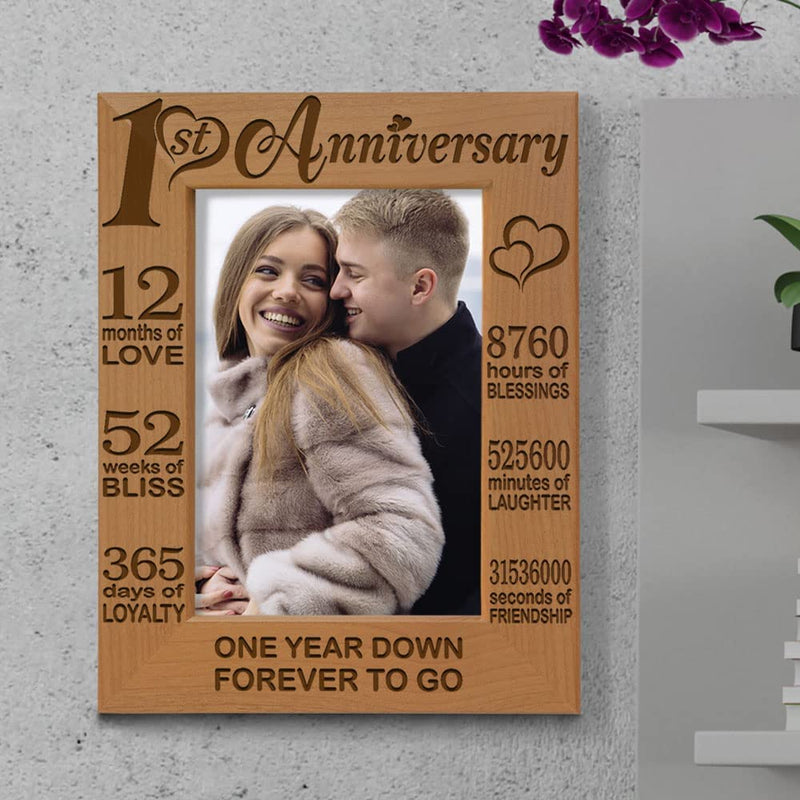 KATE POSH - Our 1St Anniversary Picture Frame - 12 Months Engraved Natural Wood Photo Frame - First (1St), Paper, 1 Year as Husband and Wife (5X7-Vertical)