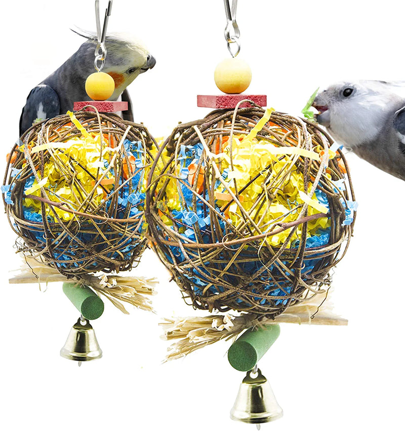 Meric Rattan Shredding Foraging Toys, Speed Bag for African Greys, Lovebirds, Engage in Instinctual Activity, Lower Stress, Strengthen Legs, Parakeets Discover Exciting Textures and Sounds, 2 Toys