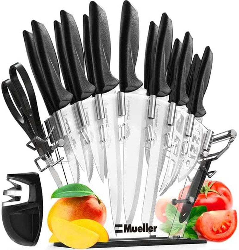 Stainless Steel Knife Set with Block - 17 Piece High Carbon Carving Set with Knife Sharpener, Peeler, Scissors, Cheese, Pizza Knife and Stand - by Mueller