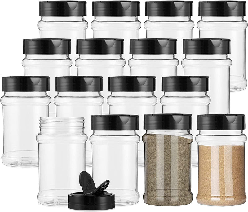 Lawei 16 Pack 10 Oz Plastic Spice Jars with Balck Cap - Clear Spice Bottle Seasoning Jars Salt Pepper Shaker for Storage Spice Herbs Powders