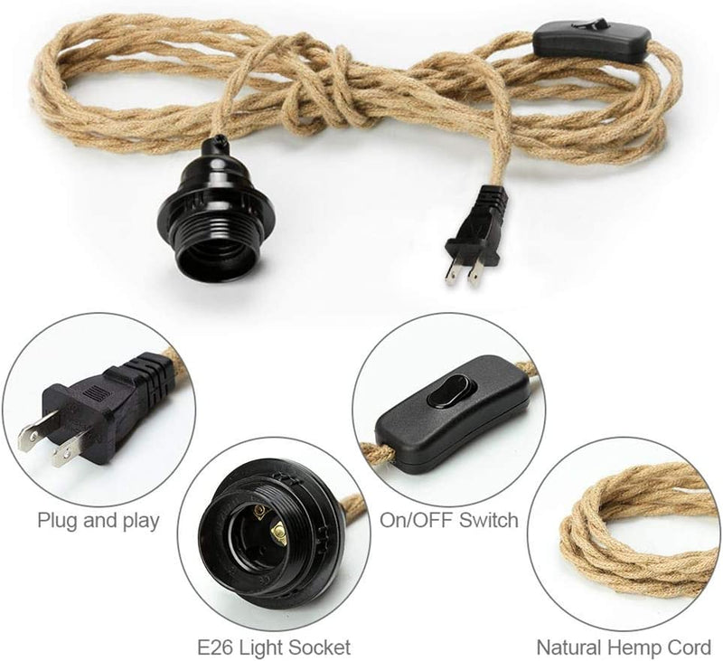 Industrial 15Ft Pendant Light Cord - Hanging Light Kit with Switch Plug in Vintage Fabric Lamp Cord with Twisted Hemp Rope Pendant Lights Socket Set E26 E27 for Pendant Lamp Farmhouse Lamp Cable DIY