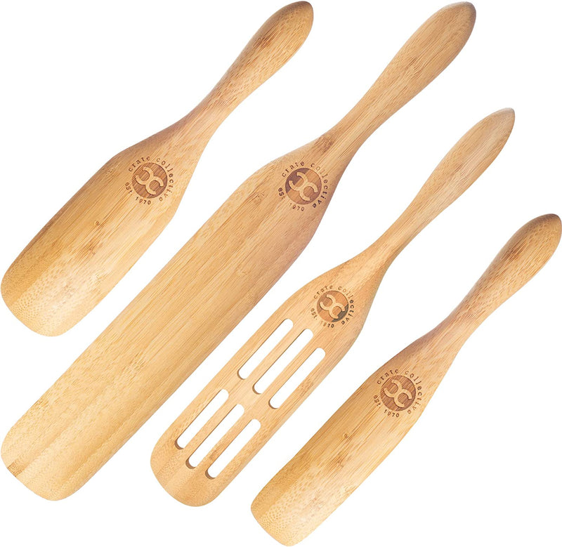 Crate Collective the Original 4-Piece Bamboo Spurtle Set - Wooden Cooking Spoon Utensils for Stirring, Serving, Mixing, Whisking, Whipping, Flipping Food - Non-Scratching, Eco-Conscious Kitchen Tools