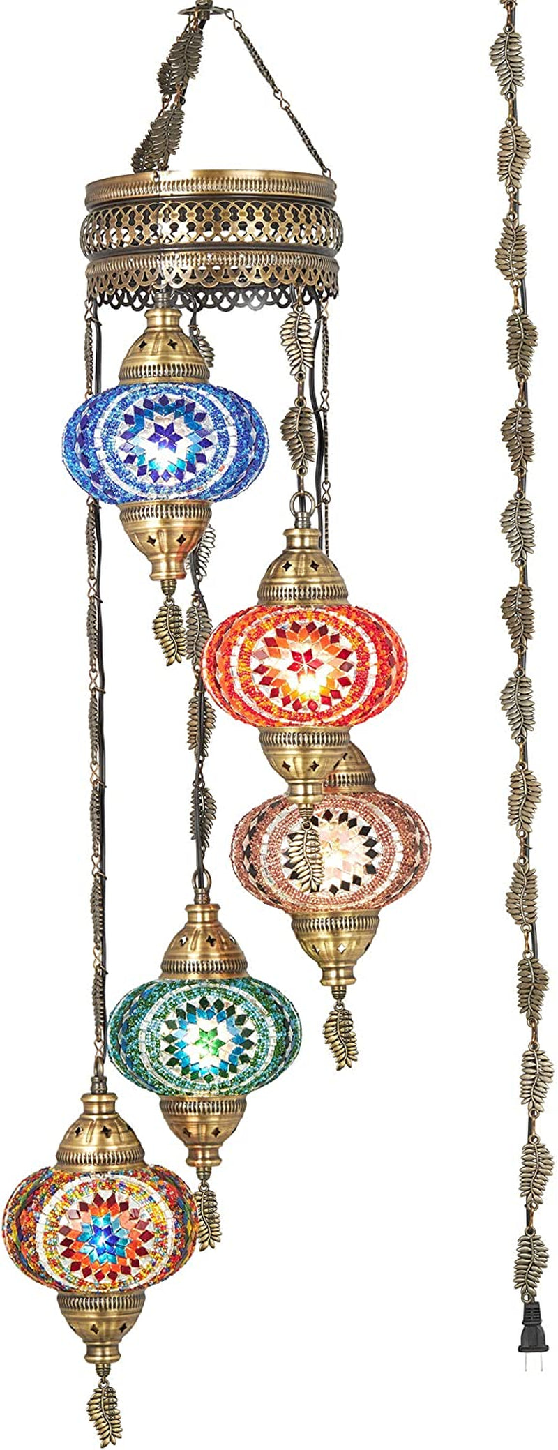 DEMMEX Turkish Moroccan Mosaic Hardwired or Swag Plug in Chandelier Light Ceiling Hanging Lamp Pendant Fixture, 5 Big Globes (5 X 7 Globes Swag)
