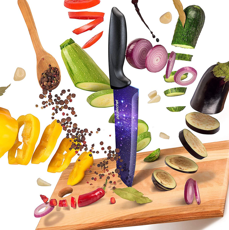 Purplechef 10 Pieces Purple Galaxy Kitchen Knives Set. Includes 6 Stainless Steel Knives, Scissors, Knife Sharpener, Peeler, and Clear Acrylic Stand.