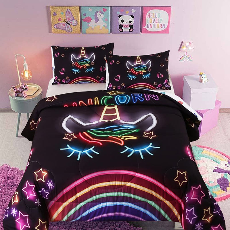 Oecpkd Cute Unicorn Comforter Sets 3Pc Pink Flower Girl Colorful Unicorn Bedding Sets Soft Girls Unicorn Rainbow Comforter Sets