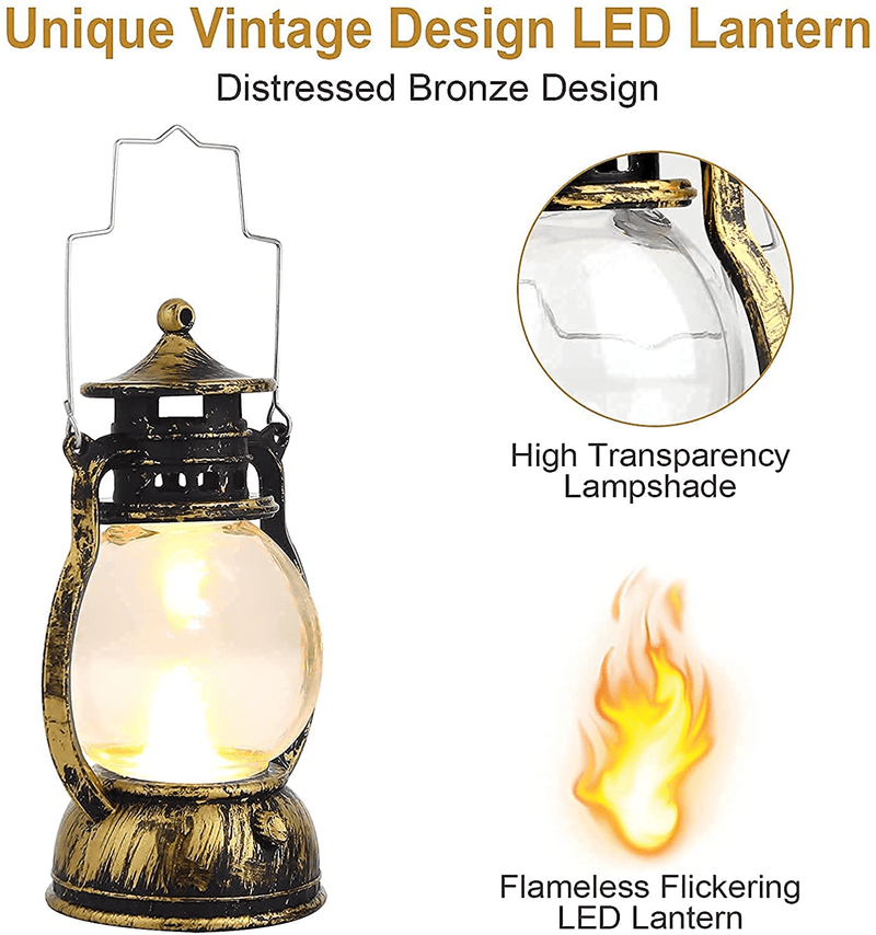 5'' Decorative Lanterns, Comealltime 2-Pack Vintage Mini Candle Lanterns with Flickering Flame, Hanging Lantern, Lantern Decorative for Halloween Decoration, Home Decor, Table Decor, Gold