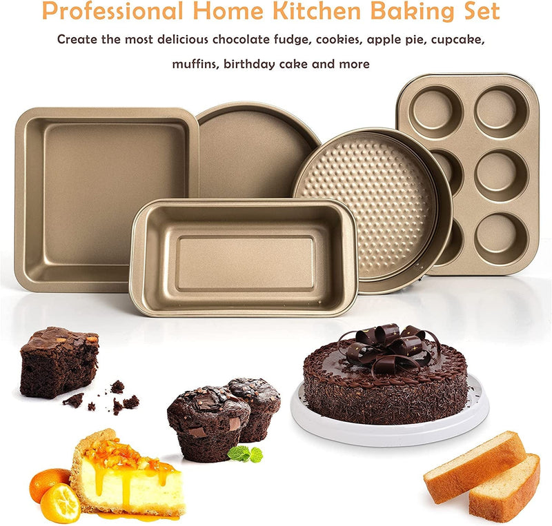 5 Piece Baking Pans Set, Oven Safe Baking Sheet Set Carbon Steel Non-Stick PTFE Coating, Bakeware Set with Heat Red Glove, Cookie Sheets for Baking Nonstick Set by Moss & Stone