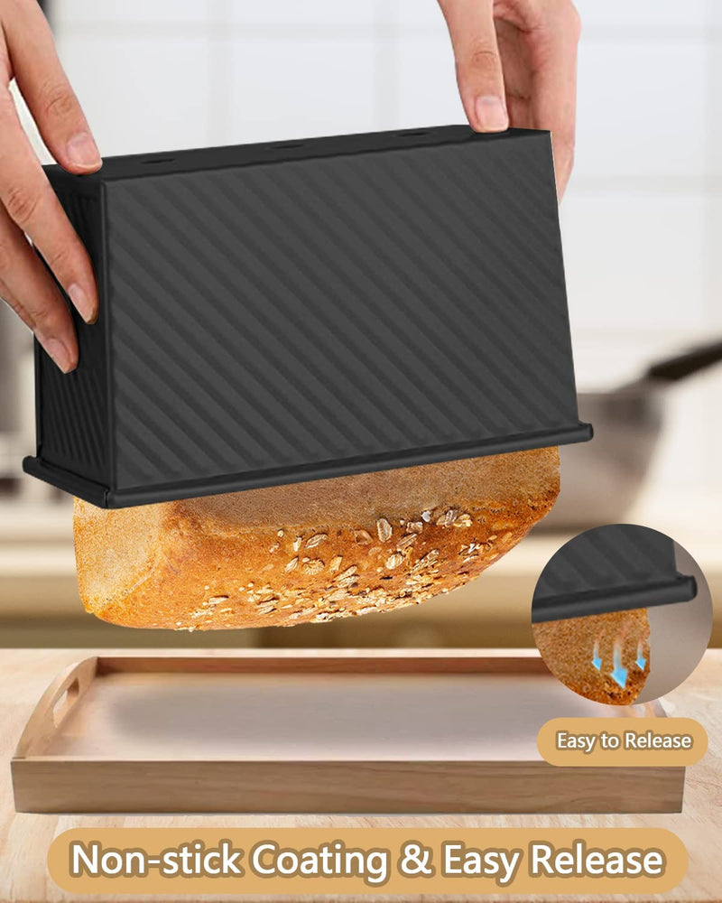 MOVNO Pullman Loaf Pan with Lid, Non-Stick Bread Pans for Baking, Unique Carbon Steel Toast Mold Bakeware, Loaf Pans for Baking Bread with Bottom Vent & Corrugated Surface, Easy to Clean