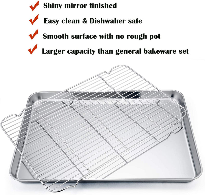 P&P CHEF Extra Large Baking Sheet and Cooking Rack Set, Stainless Steel Cookie Half Sheet Pan with Grill Rack, Rectangle 19.6''X13.5''X1.2'', Oven & Dishwasher Safe, 4 Piece (2 Pans+2 Racks)