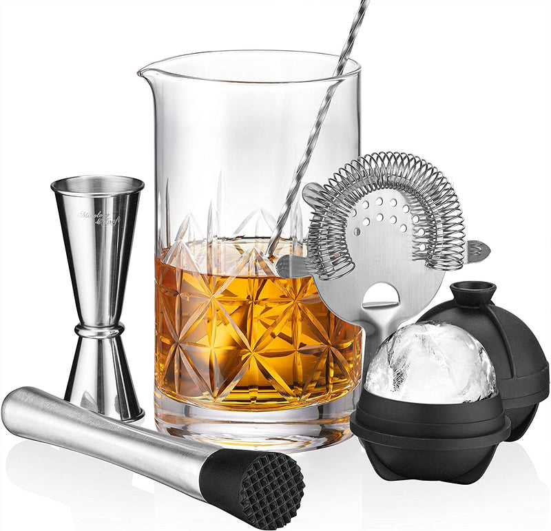 Mixology & Craft Cocktail Set - 7-Piece Bartender Kit - Mixing Glass Set Includes Crystal Stirring Glass (24Oz), Japanese Jigger, Spoon, Muddler and Strainer - Bar Accessories and Tools