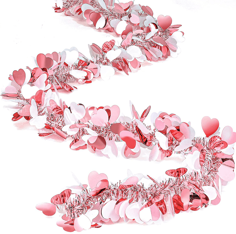 52.5 Feet Valentines Heart Tinsel Garland Includes 6.6 Feet Each Metallic Tinsel Twist Garland Shiny Decoration for Tree Wreath Wedding Party Hanging Decoration Supplies (Pink,8 Pieces)