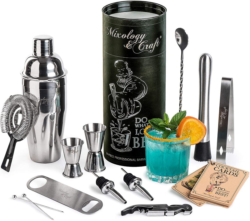 Mixology Bartender Kit: 14-Piece Cocktail Shaker Set - Bar Tool Set for Home and Professional Bartending - Martini Shaker Set with Drink Mixing Bar Tools - Exclusive Cocktail Picks and Recipes Bonus