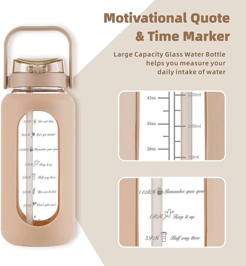 52Oz Glass Water Bottle with Straw and Handle Lid Half Gallon Motivational Glass Bottle with Silicone Sleeve and Time Marker Large Reusable Sports Water Jug for Gym Home Workout