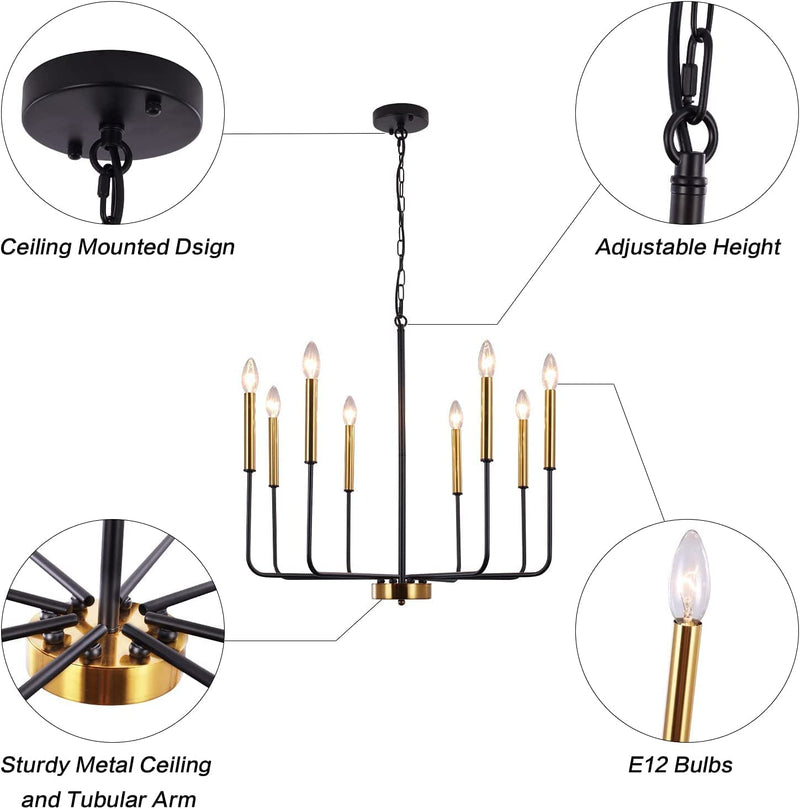 PUMING Farmhouse Chandelier 8 Lights Gold and Black Candle Chandeliers Ceiling Hanging Pendant Lights Fixture Rustic Pendant Lighting for Kitchen Island Dining Room Living Room Bedroom