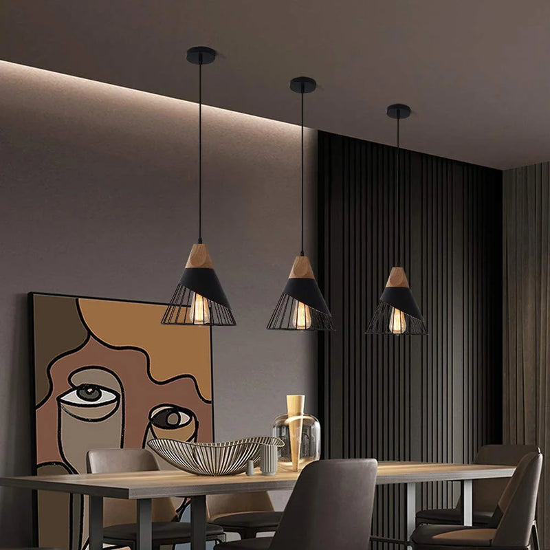 Mxsaoud Modern Black Pendant Light over Kitchen Island, Adjustable Wood Hanging Light Fixture,Industrial Pendant Lighting for Dining Room,Living Room,Bedroom,Hallway,Kitchen,Bar