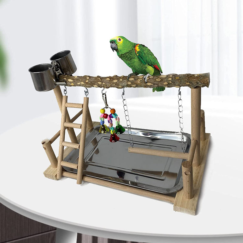 Kathson Parrots Playground Bird Perch Wood Playstand Stand with Ladder Swing Feeder Cups Chew Toy for Parakeet Conure Cockatiel Budgie Lovebird Finch Small Birds
