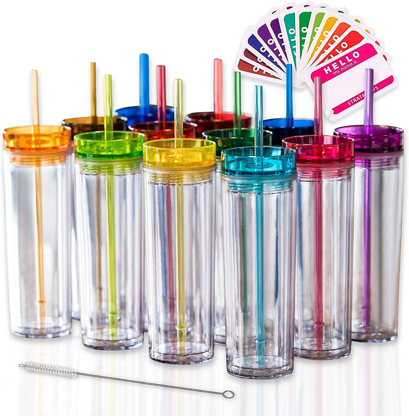 SKINNY TUMBLERS 12 Colored Acrylic Tumblers with Lids and Straws | Skinny, 16Oz Double Wall Clear Plastic Tumblers with FREE Straw Cleaner & Name Tags! Reusable Cup with Straw (Multicolors, 12)