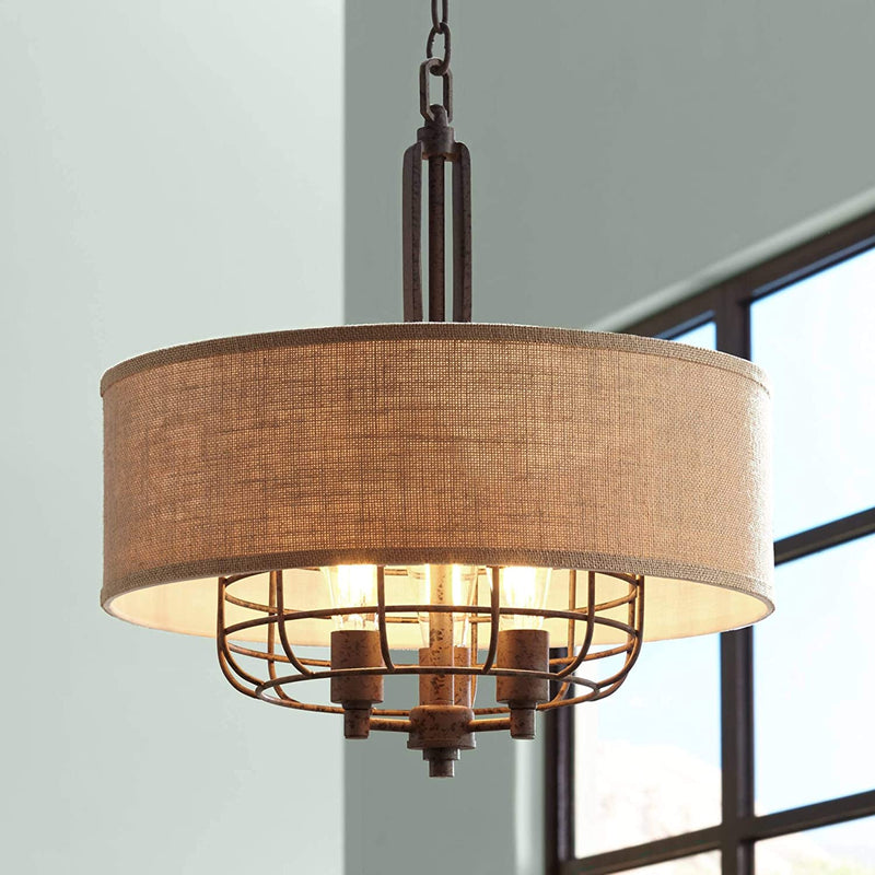 Franklin Iron Works Tremont Rust Cage Pendant Chandelier 20" Wide Industrial Rustic Tan Burlap Drum Shade 3-Light Fixture for Dining Room House Foyer Kitchen Island Entryway Bedroom Living Room