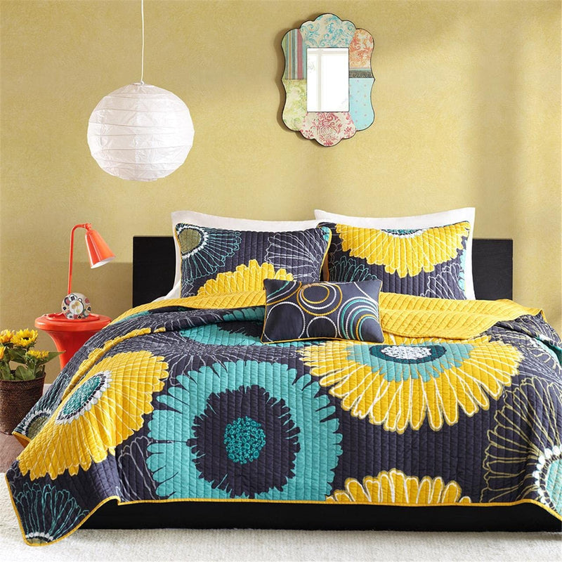 Mi Zone Cozy Quilt Set, Casual Modern Vibrant Color Design All Season Teen Bedding, Coverlet Bedspread, Decorative Pillow, Girls Bedroom Décor, Twin/Twin XL, Alice Yellow Flower 3 Piece