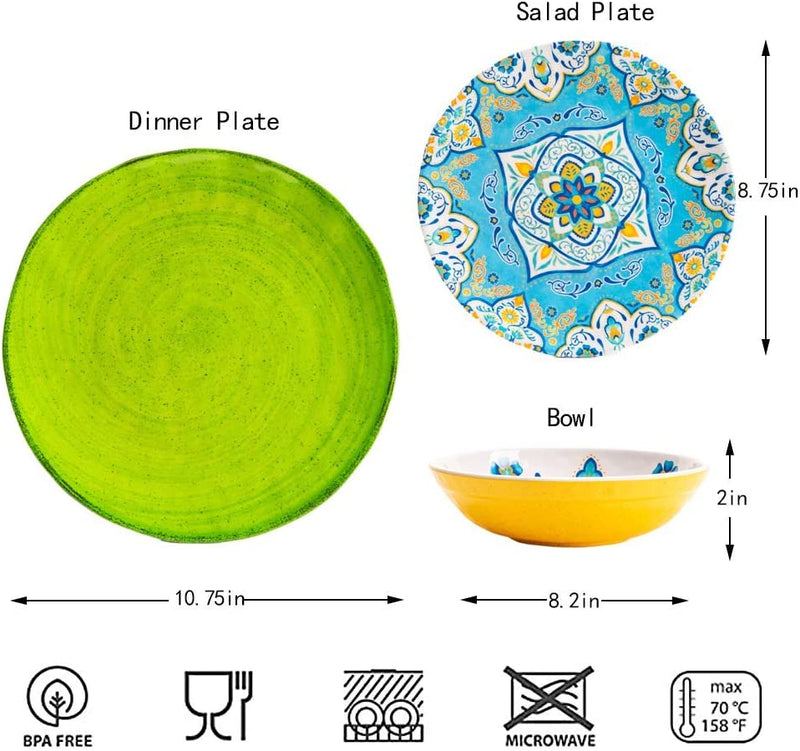 Melamine Dinnerware Set 12 Pcs Durable Dishware Colorful Plate Bowl Set Dishwasher Safe Shatter Proof Chip Resistant Not Microware Not Oven (Multicolor)