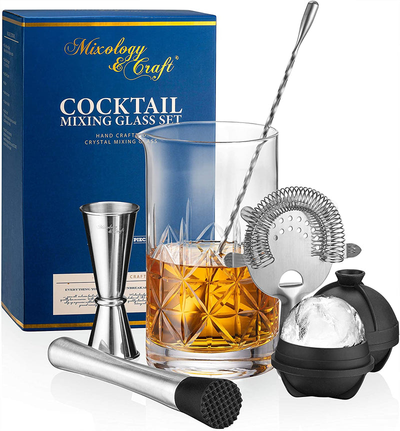 Mixology & Craft Cocktail Set - 7-Piece Bartender Kit - Mixing Glass Set Includes Crystal Stirring Glass (24Oz), Japanese Jigger, Spoon, Muddler and Strainer - Bar Accessories and Tools