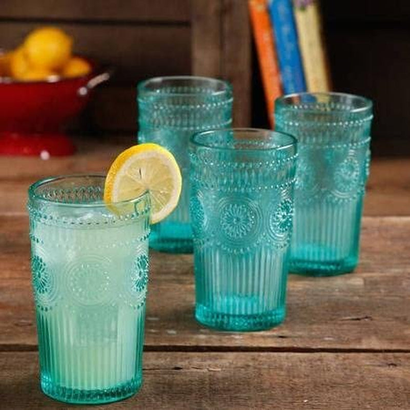 Set of 4, Dishwasher Safe, 16-Ounce Emboss Glass Tumblers, Turquoise