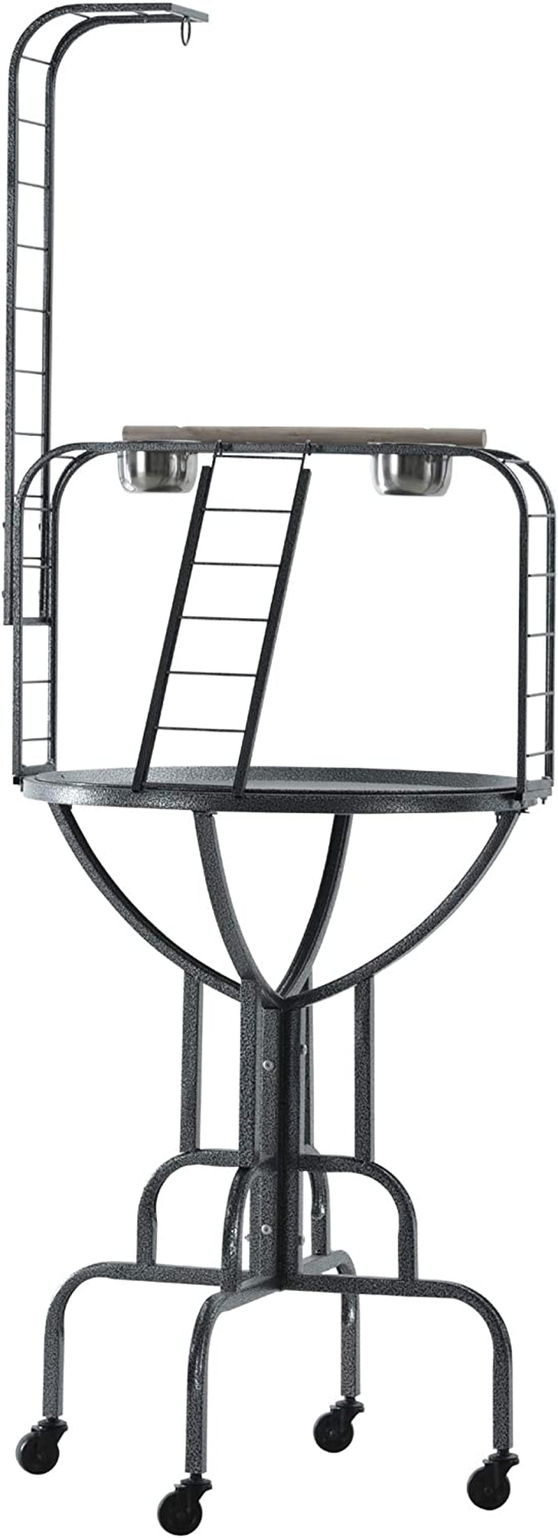 Pawhut Rolling Bird Perch Play Stand with Universal Wheels, Wooden Perch Ladders, & Stainless Steel Feeding Cups, Grey