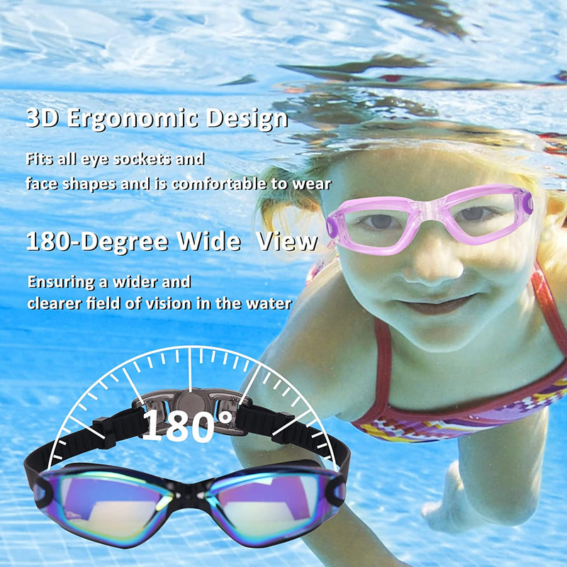 Kids Swim Goggles, 4 Packs Swimming Goggles for Kids Girls Boys, Children Youth Anti-Fog Anti-Uv Swim Glasses Age 4-16
