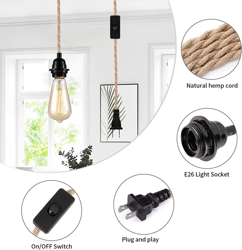 Industrial 15Ft Pendant Light Cord - Hanging Light Kit with Switch Plug in Vintage Fabric Lamp Cord with Twisted Hemp Rope Pendant Lights Socket Set E26 E27 for Pendant Lamp Farmhouse Lamp Cable DIY