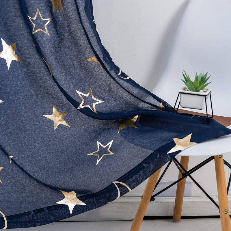 Kotile Kids Room Curtains Star - Metallic Silver Foil Stars Moon Design Grey Sheer Curtains for Boys Room Grommet Top Light Filtering Privacy Voile Drapes, 52 X 95 Inch, 2 Panels, Grey