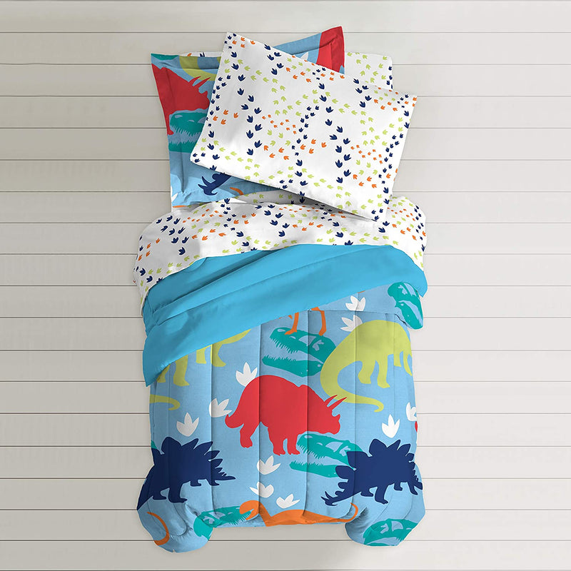 Dream FACTORY Kids 5-Piece Complete Set Easy-Wash Super Soft Comforter Bedding, Twin, Multicolor Dinosaur Prints