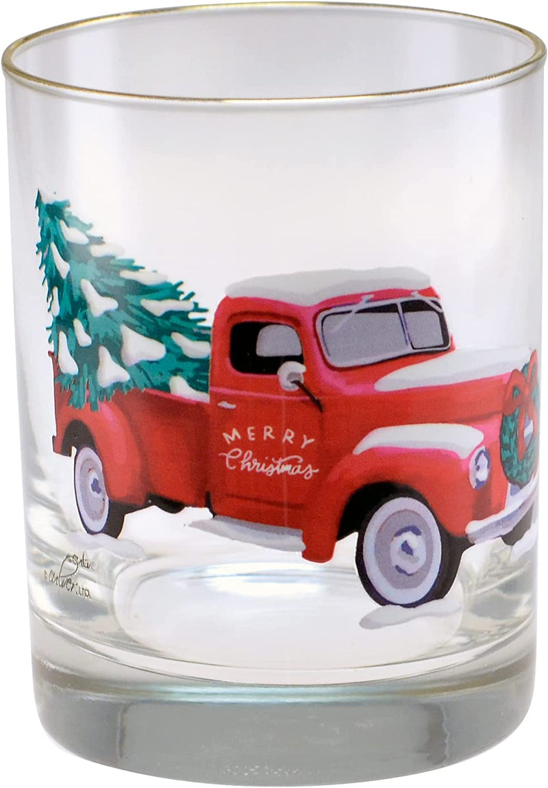 Culver 22K Gold Rim Red Christmas Truck DOF Double Old-Fashioned Holiday Glasses, 13.5-Ounce, Gift Boxed Set of 2