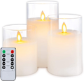 5plots Pure White Flickering Flameless Candles, Battery Operated Glass LED Pillar Candles with Remote Control and Timer, Moving Flame, Wax, Set of 3
