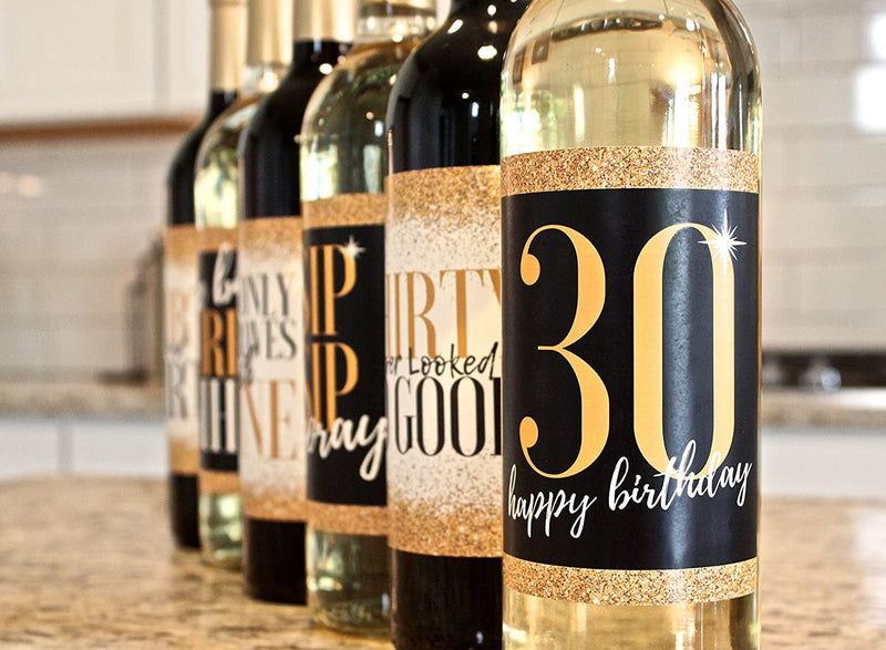 6 30Th Birthday Wine Bottle Labels or Stickers Present, Dirty Thirsty Flirty Thirty Bday Gifts for Women, Cheers to 30 Years, Funny Black Gold Party Decorations Supplies for Wife, Girl Mom