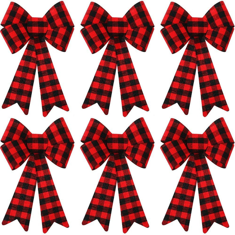 6 Christmas Buffalo Plaid Red Bows Burlap Plastic Black Checkered Small Wreath Ribbon Bow for Holiday Kitchen Indoor Outdoor Decoration Xmas Tree Garland Decor Gift Wrap Craft Supplies