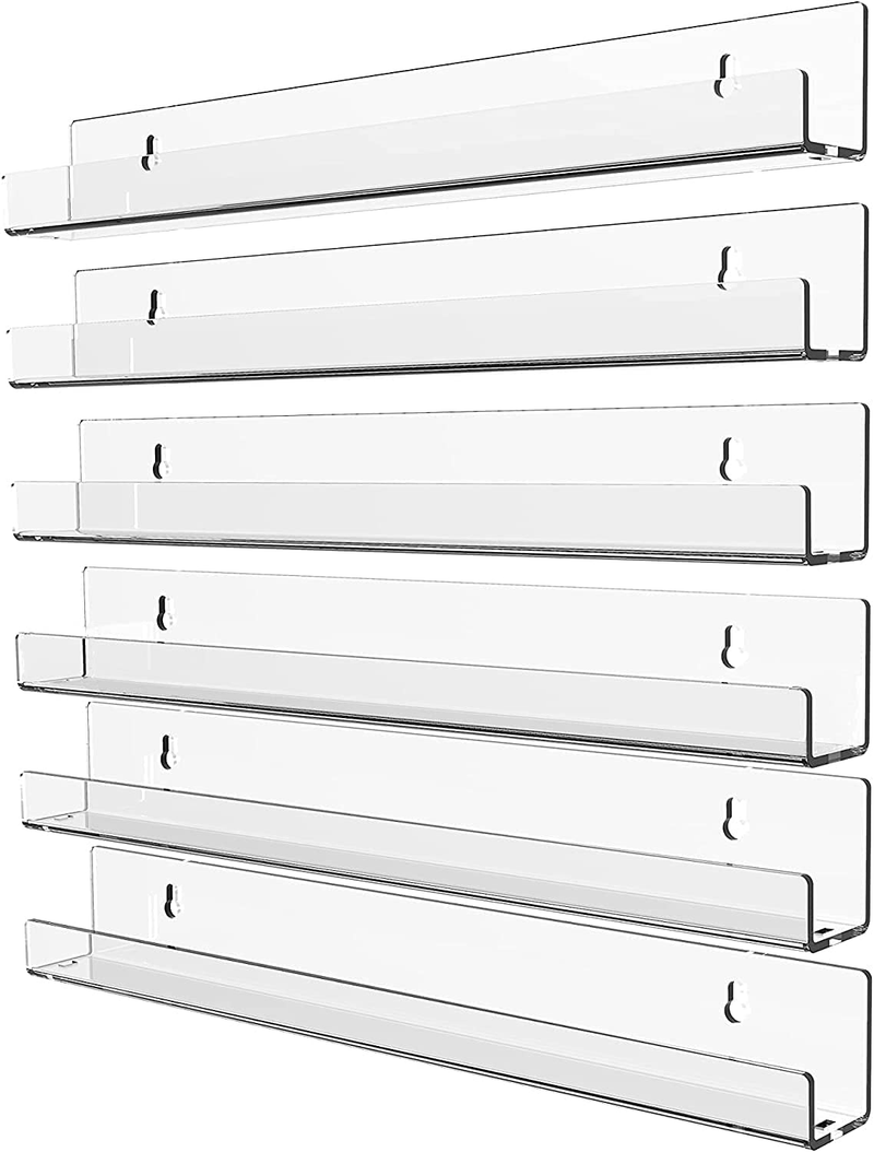 6 Pack Acrylic Clear Floating Bookshelf for Kids Room,15" Invisible Wall Mounted Hanging Book Shelves,U Modern Picture Ledge Display Toy Storage Vinyl Record Wall Shelf,Clear by Cq acrylic