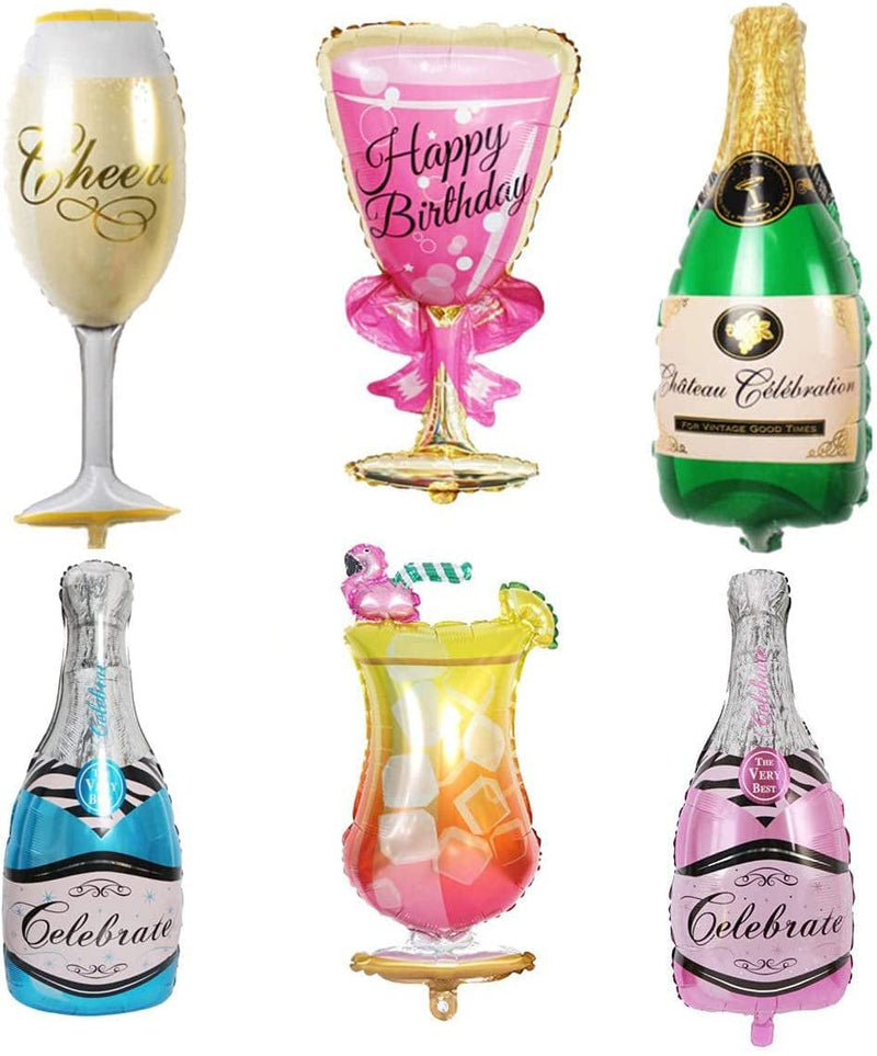 6 Pcs Aluminum Film Champagne Bottle Balloons Set, Champagne Bottle and Wine Goblet Glass Pink Foil Balloons for Birthday Party Supplies,Anniversary Events Decorations